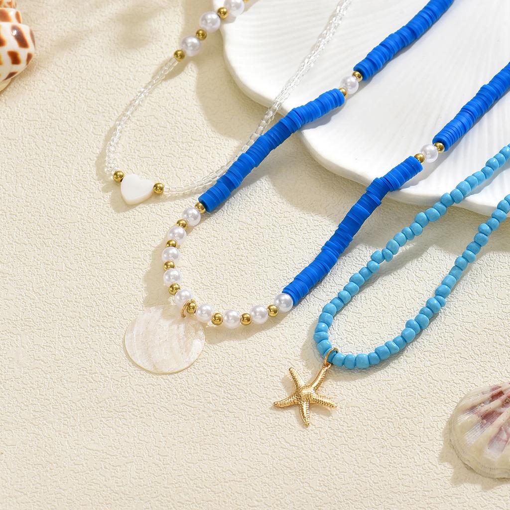 Bohemian Blue Color Rice Seashell Beads Starfish Pendant Necklace for Women Multi-Layer Chain Clavicle Necklace Summer Jewelry