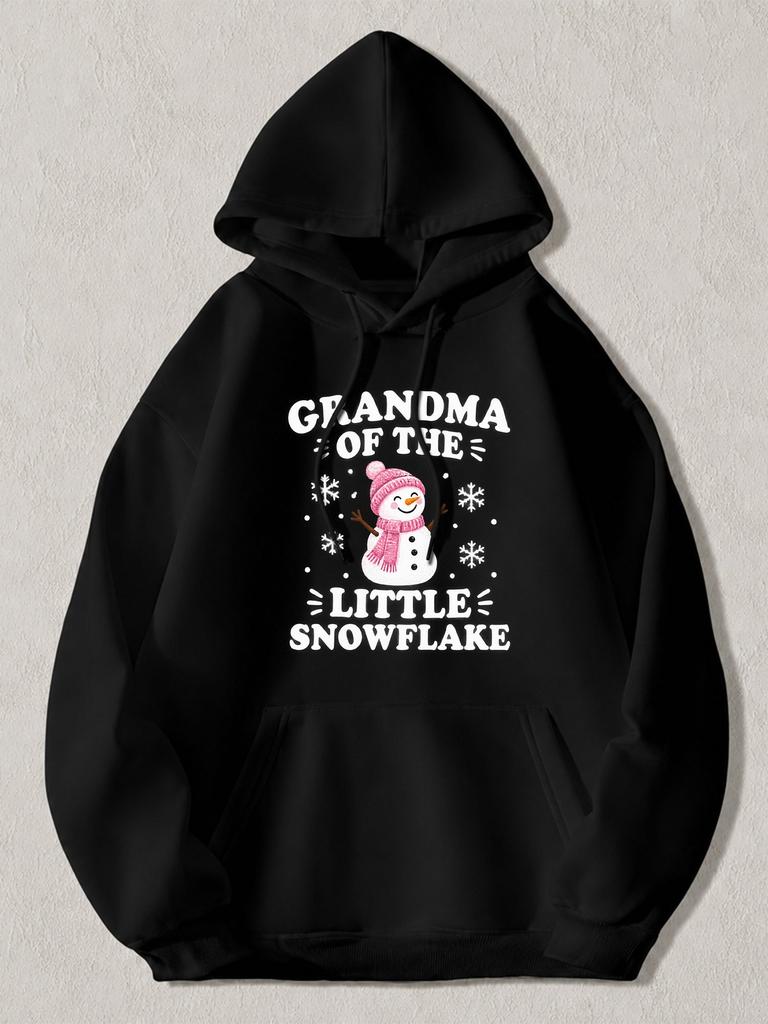 Black Pullover Hoodie Grandma of The Little Snowflake Print Cute Snowman Graphic Winter Holiday Sweatshirt Unisex Casual Outerwear