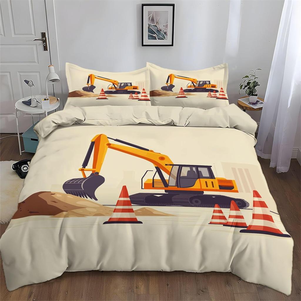 Boys Excavator Bedding Duvet Cover King Bed Engineering Construction Vehicles Digger Kids Boys Quilt Cover Set with Pillowcase