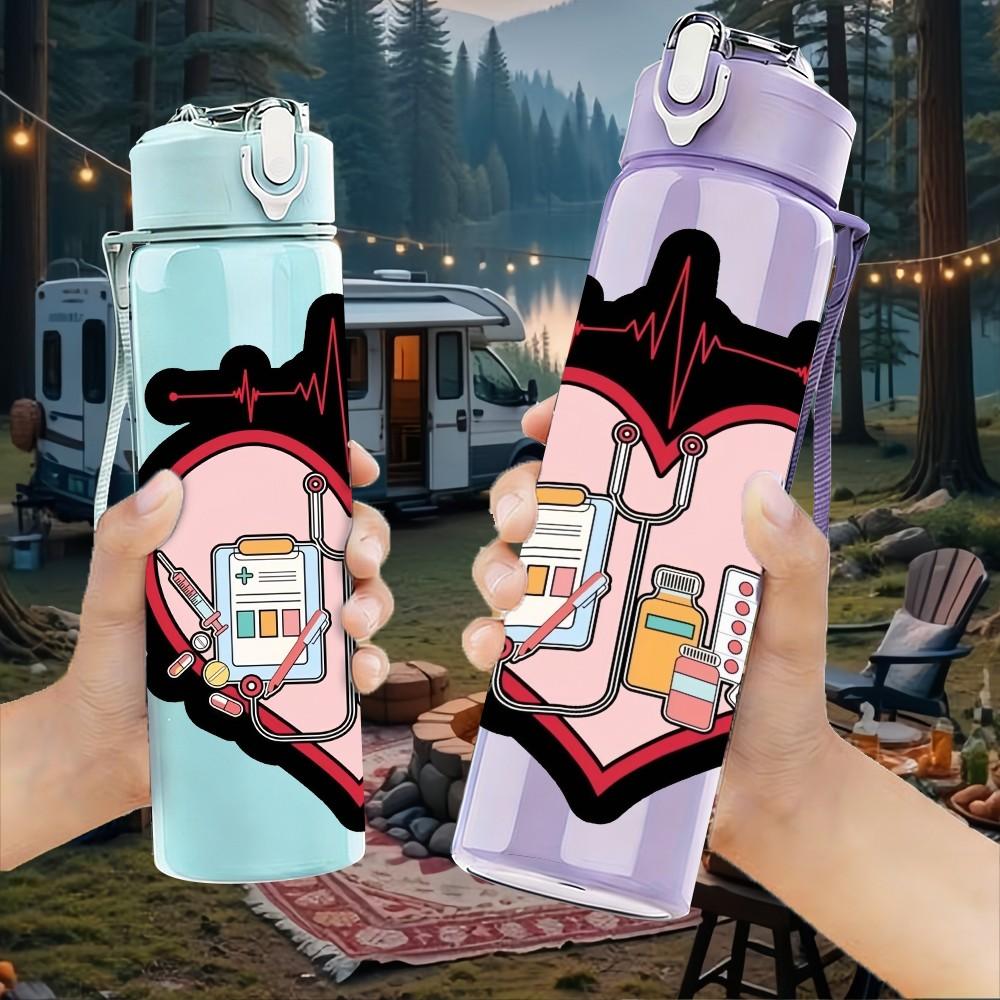 1PC Heart Lock Vintage Valentine Art Print 750ml Color Plastic Sports Water Bottle Leakproof Flip Straw Lid Suitable for Sports Office Home Use