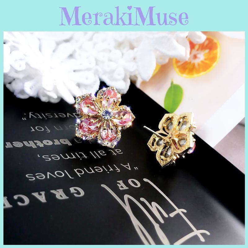 Pink Flower Zircon Ear Pins With Silver Needle For Casual And Formal Occasions