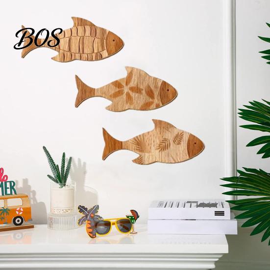 Rustic Ocean Decor 3Pcs/Set Bathroom Fish Wall Decoration, Wooden Art Decoration Sculpture, Nautical Hanging Ornament for Beach Lake House Sea Theme