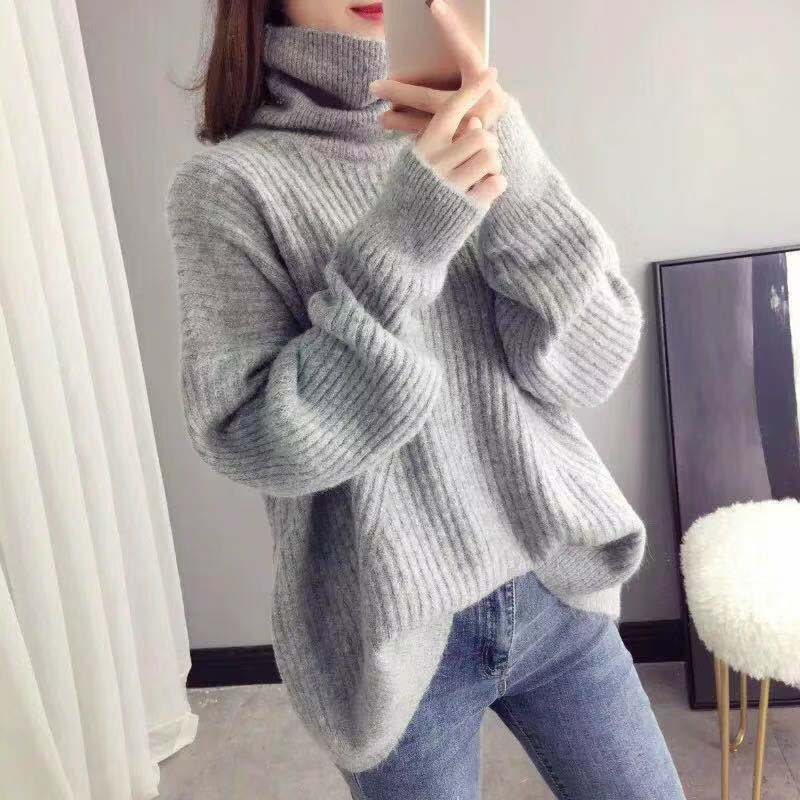 Осень-зима, крупный однотонный пуловер с высоким воротником, свитер, женский новый джемпер, свободные и ленивые повседневные вязаные топы с длинными рукавами
