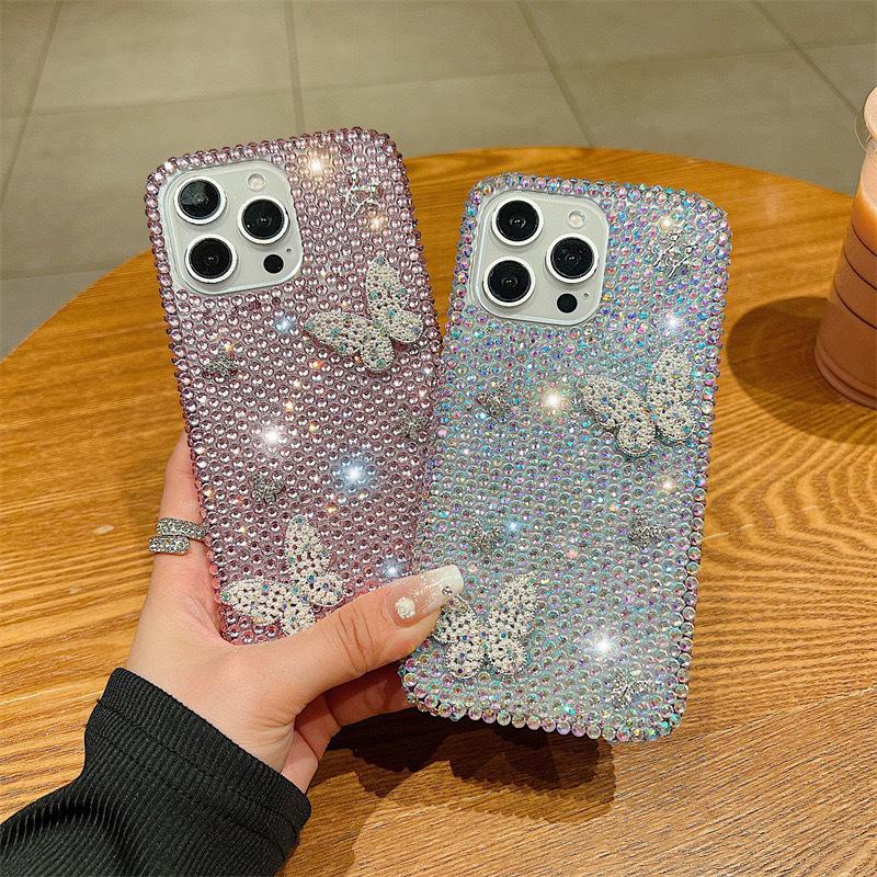 Страз Бабочка Цветок Трехмерный Чехол для Мобильного Телефона для Apple 16 Promax Креативный Полный Бриллиант Высококлассный для Apple 17 Женский