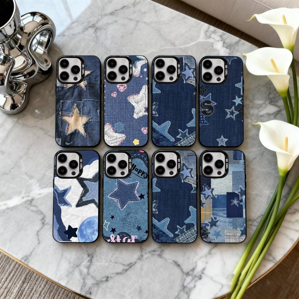 R-Ретро D-джинсовые нашивки Чехол для телефона Для iPhone 17, 16, 15, 14, 13, 12, 11 Plus, Pro Max Черный Конфетный серебристый чехол для телефона