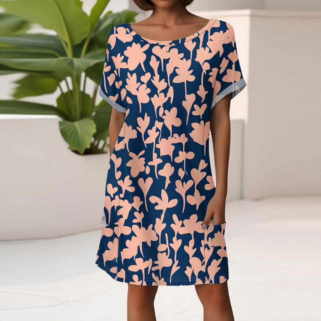 Women's Fashion Short Sleeve Dress With Pockets Floral Print Casual Beach Dress