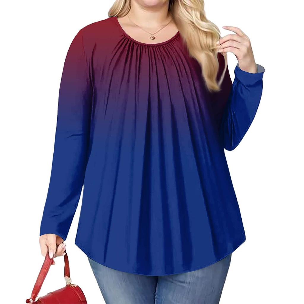 Женский модный топ большого размера с принтом, повседневный плиссированный, с круглым вырезом и длинными рукавами