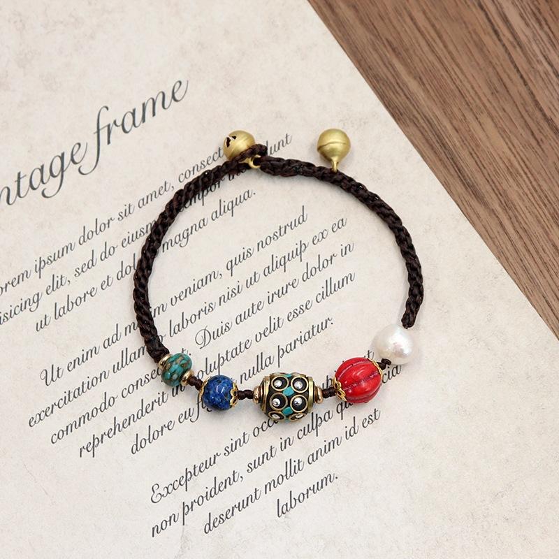 Винтажный непальский древний законный медный браслет из бисера, женский тибетский этнический стиль, индивидуальный простой плетёный браслет, браслет из натуральной бирюзы