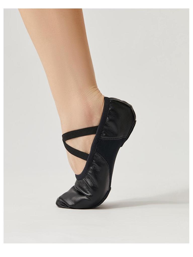 Women's Soft Sole Ballet Dance Shoes, Black PU Leather, Two-Point Bottom
