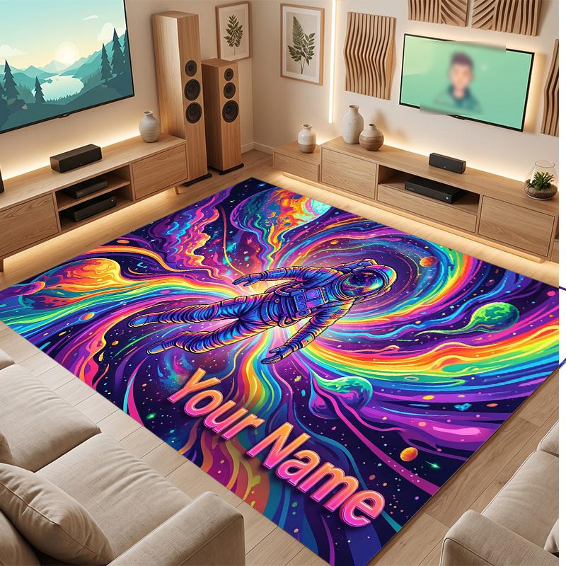 Astronaut Space Theme Soft Crystal Velvet Rug Custom Name & Text Print Non Slip Floor Rug for Bedroom Living Room