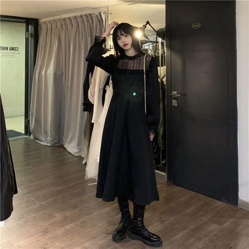 M ~ 4XL, готическое черное платье Y2k, женское платье большого размера, осеннее повседневное кружевное цельное платье с длинными рукавами, корейское вечернее элегантное женское платье миди