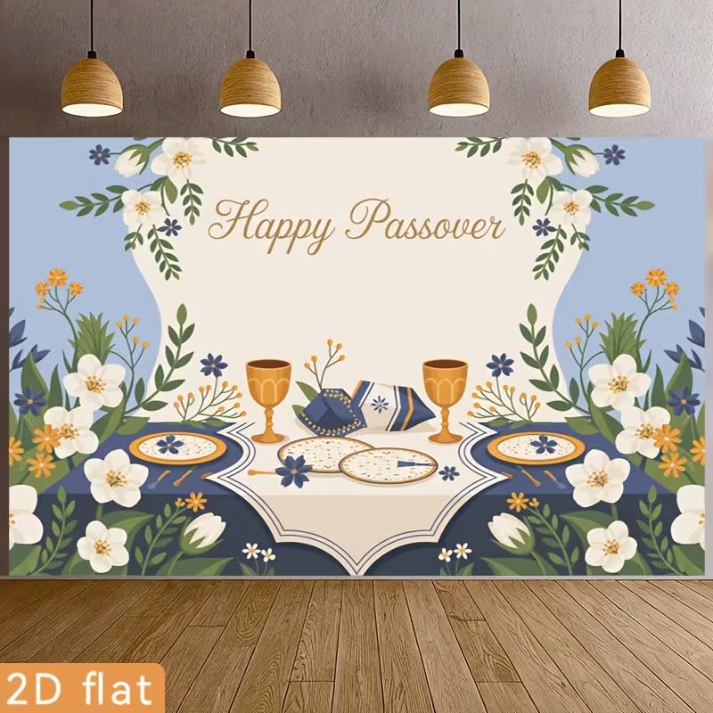2D Happy Passover Photography Backdrop, Blue Floral Seder Plate & Matzah Background