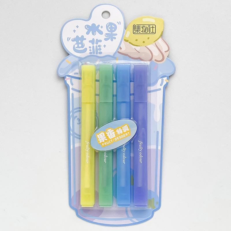 4pcs Fruity Odour Color Highlighter Pens Set Fruit Buffet Design Soft Brush Tip Marker Liner for Drawing Painting