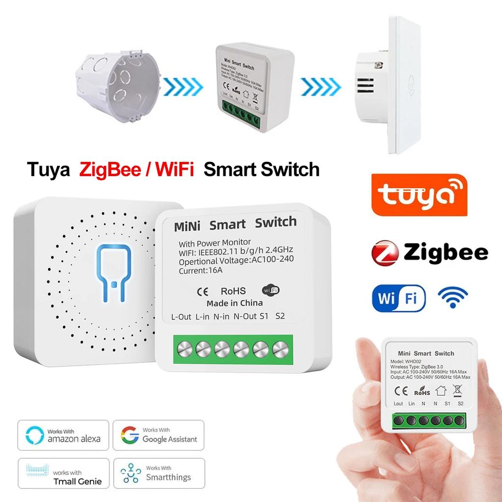 Tuya ZigBee WiFi Автоматический выключатель Умный переключатель 2-полюсный Модуль реле 220В 110В 16А Приложение Smart Life Голосовое управление Для Alex Google Home
