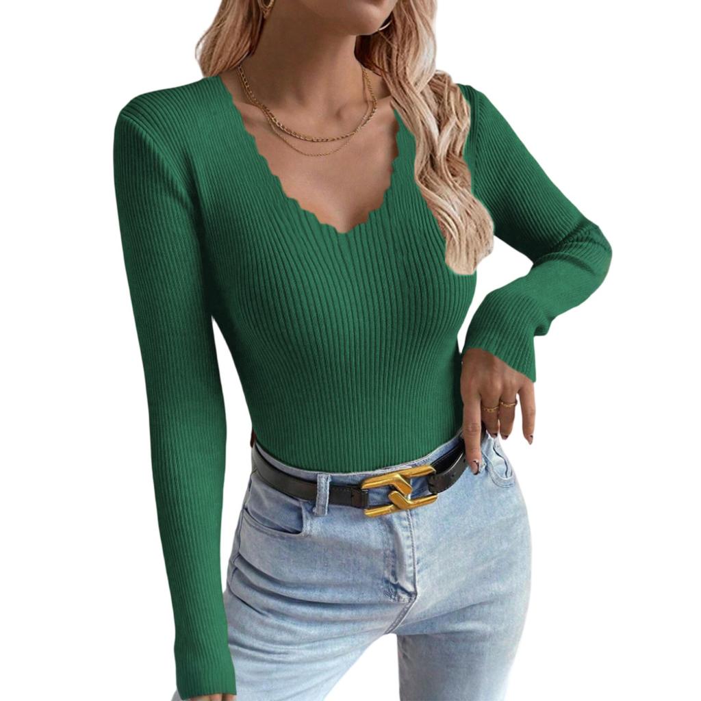 Women's V-neck Solid Color Long-sleeved Pullover Knitted Sweater Bottoming