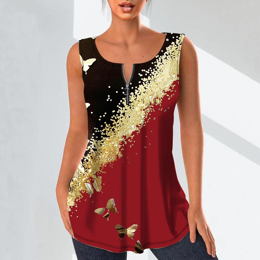 Женская мода, рубашки с v-образным вырезом, повседневные топы, футболка, женский жилет с 3D принтом золотой бабочки, блузка без рукавов больших размеров, топы на бретелях