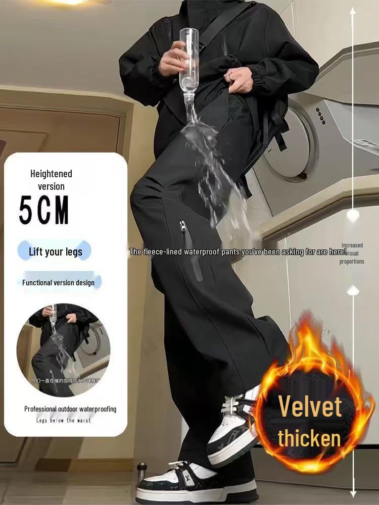 Men's Winter Fleece-Lined Windproof Waterproof Mountaineering Pants - Loose Straight-Leg Casual Long Pants