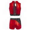 Girls Rhinestones Crop Top Mock Neck Sleeveless Metallic Color Block Shorts Dance Gymnastics Outfit