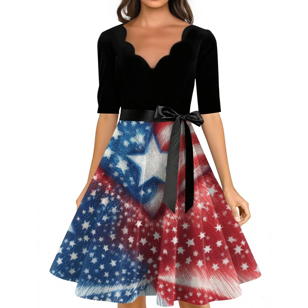 Women's Casual Fashion V-neck Retro Short-sleeved Dress With Flag Independence Day Print