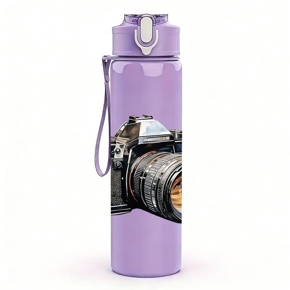 1PC Retro Camera Photo Pattern 750ml Color Plastic Sports Water Bottle Leakproof Flip Straw Lid Suitable for Sports Office Home Use
