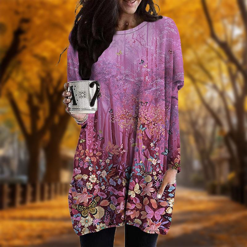 Новинка осени с принтом Blue Forest Plus Size Dress Women O'neck Long Sleeves Casual Pocket Dresses