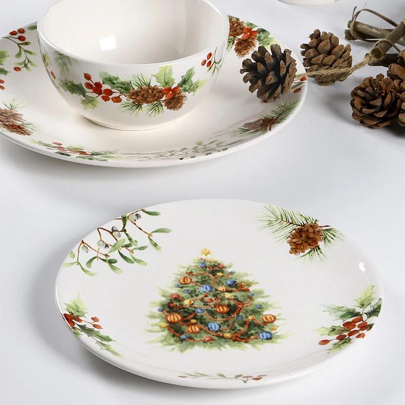 1pcs Christmas Tree Ceramic Plate Tableware Glazed Color Snack Dessert Dishes Bowl Elk Pattern Coffee Mug Kitchen Dinner Plates
