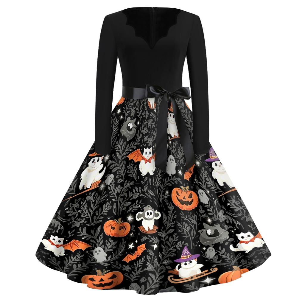 Women Casual Halloween Print V Neck Vintage Dress Long Sleeve Retro Style A Line Skater Dress with Waist Tie for Seasonal Events