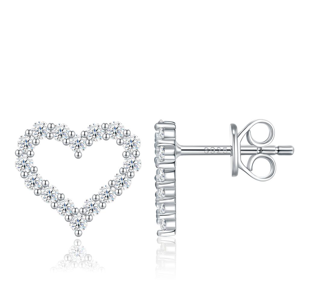 Romantic Hollow Heart Halo S925 Silver VVS Round Moissanite Beaded Border Ear Back GRA Certified Sweet Daily Gift Stud Earrings