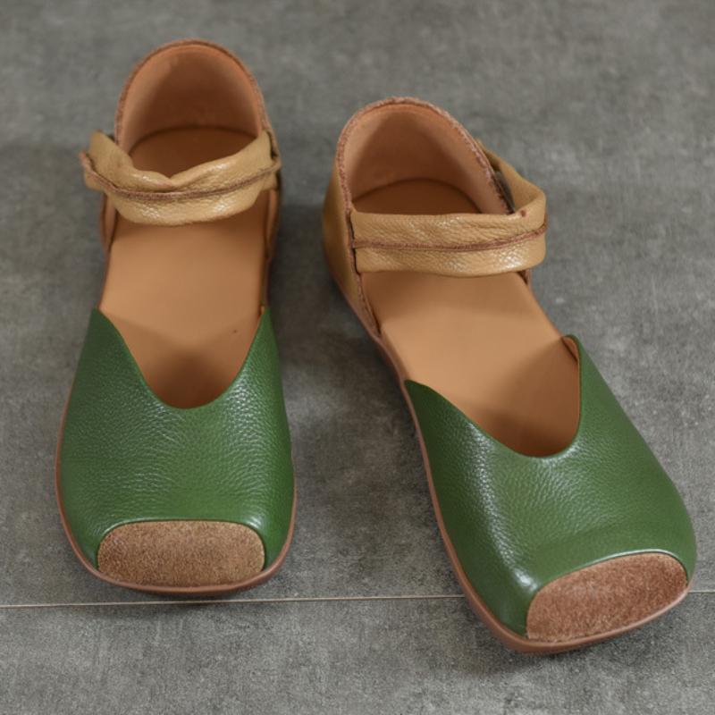 Johnature Mixed Colors Genuine Leather Sandals Retro Square Toe Soft Sole Versatile Women's Flat Shoes