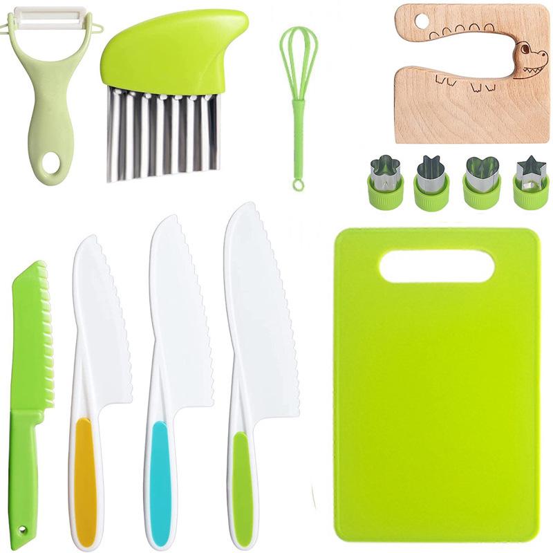 Детский безопасный кухонный набор из 46 предметов: Пластиковые ножи для фруктов и овощей с формами для тиснения и инструментами для детского питания. Доступно несколько стилей.