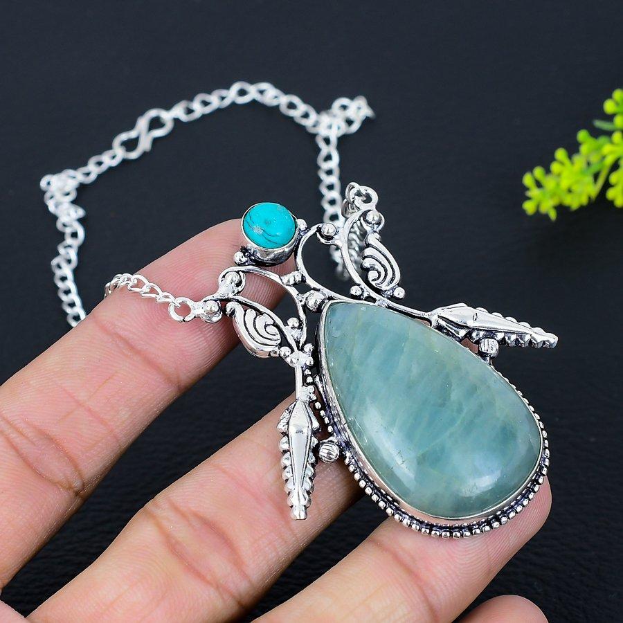 Аквамарин, Бирюза Ручная работа Ожерелье из стерлингового серебра 925 пробы 18" A7G83