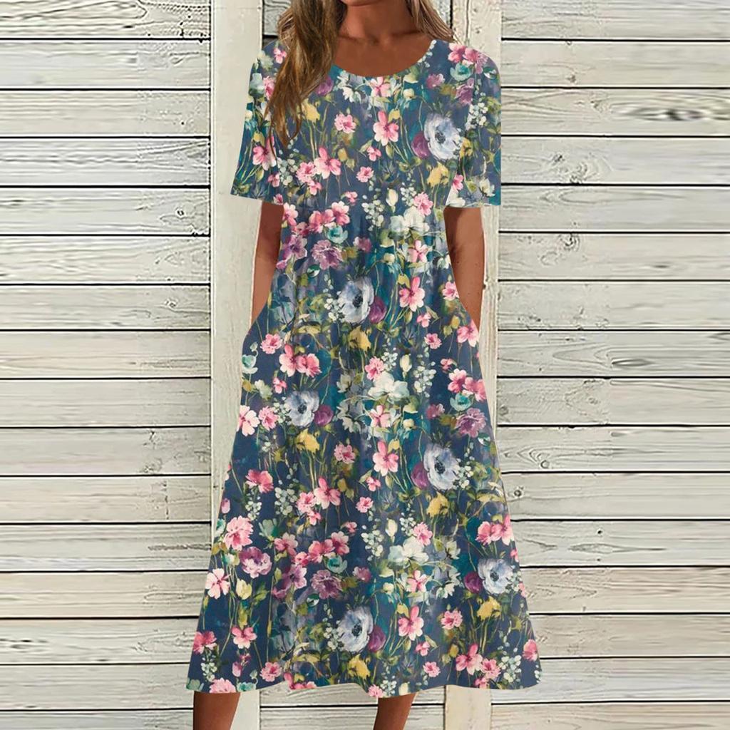 Women's Casual Dresses Printed Dresses Summer Dresses Printed Pleated Round Neck Midi Dresses Basic Classic Outdoor Daily Short Sleeve Loose Dresses
