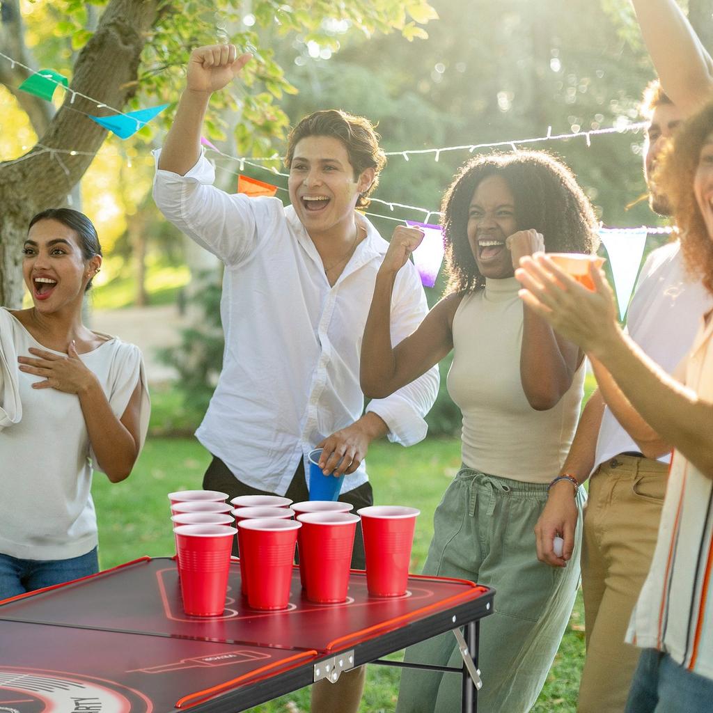 2.4 m Portable Beer Pong Table, LED Lights, Foldable Tailgate Table with Carrying Handles and 6 Pong Balls, Adjustable Height, Lightweight Table for