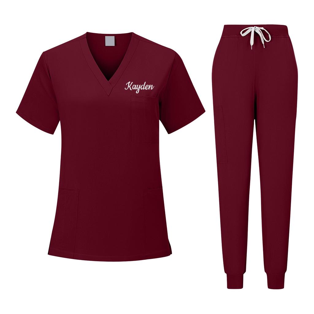 Персонализированный Пользовательский Вышитый Текст Унисекс V-образный вырез Однотонный Быстросохнущая Ткань Тонкая Клиническая Рабочая Одежда Одежда для Ручной Стирки Одежда