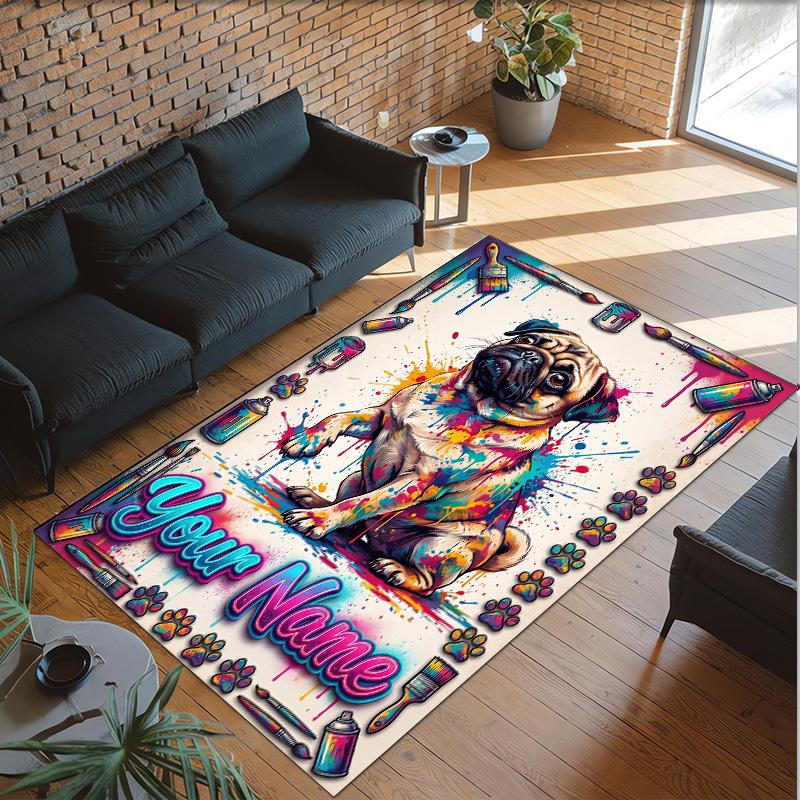 Pug Theme Crystal Velvet Floor Rug Personalized Custom Name Text Warm Carpet Home Decoration