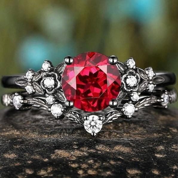 European and American fashion ruby rings Gunmetal ring with zirconia stones, featuring a branch and cross design, for women