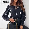 JPNTKY Women's Fashion Casual Autumn Winter Polka Dot Print Long Sleeve O-Neck Blouses & Shirts