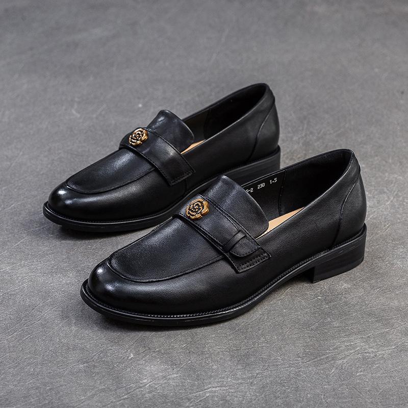 Johnature Однотонные лоферы в стиле ретро, универсальные женские туфли из натуральной кожи на низком каблуке без застежек