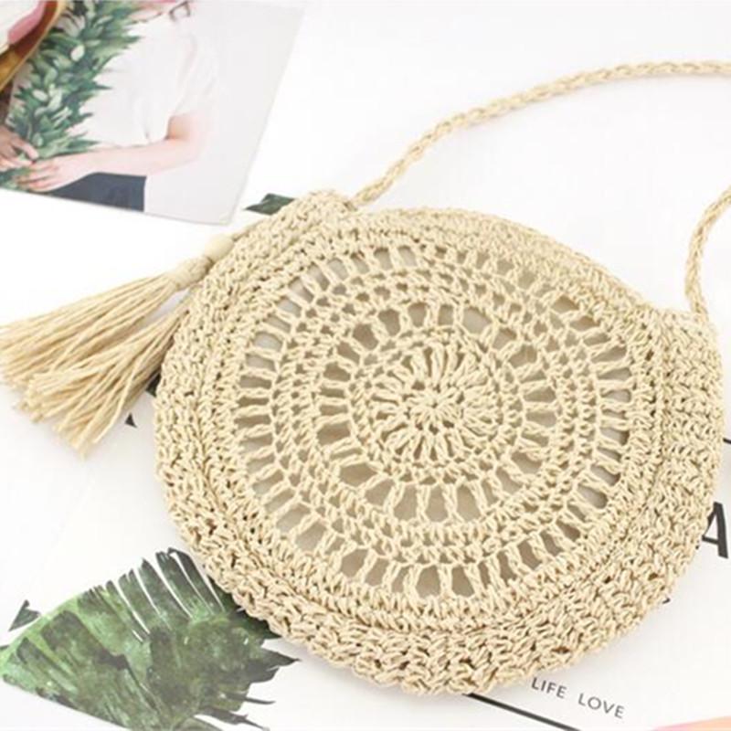 Yogodlns Round Soft Paper Rope Shoulder Bag Tassel Handmade Crossbody Bags Straw Bag Circle