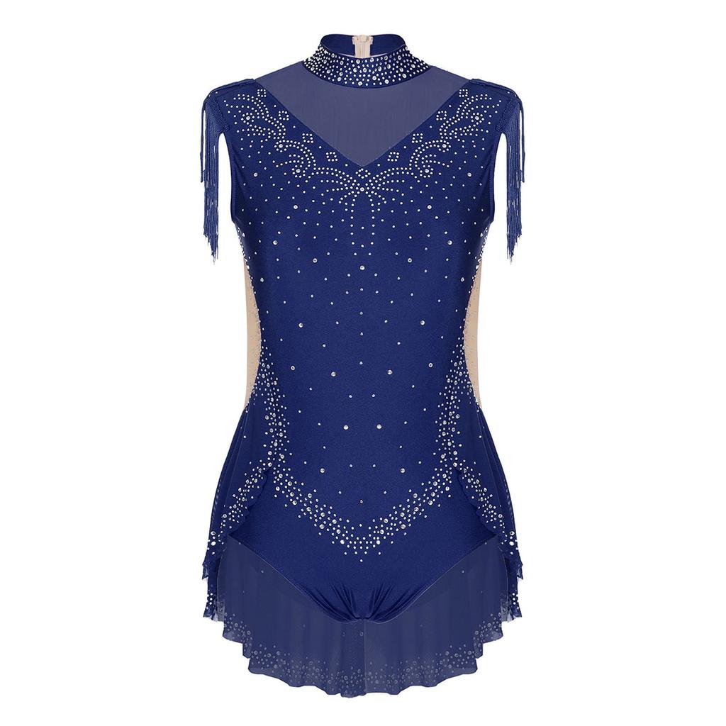 Блестящий купальник для танцев со стразами, с воротником-стойкой, без рукавов, с невидимой молнией сзади, с прозрачными сетчатыми вставками в стиле пэчворк