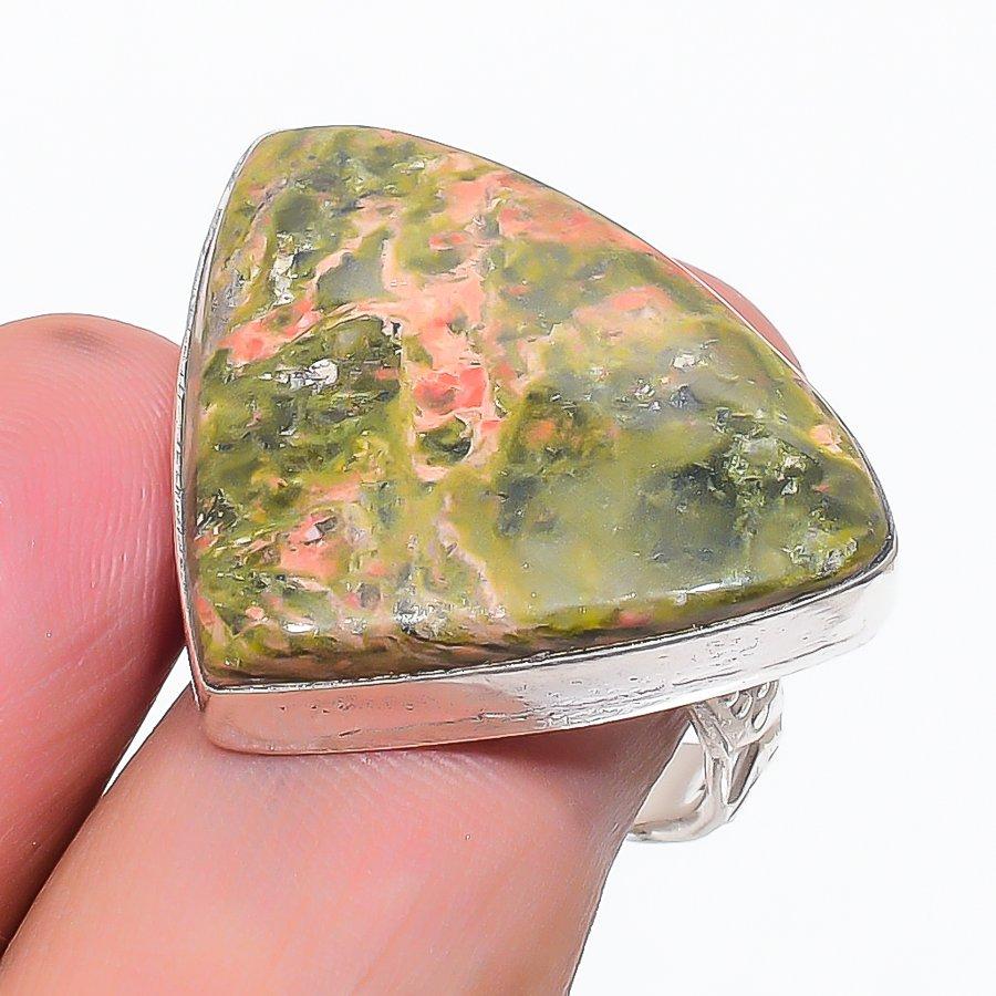 Natural Unakite Gemstone Handmade 925 Sterling Silver Jewelry Ring Size 8.5 Y2e24
