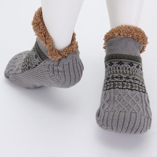 1 Pair Floor Socks Thickened Fleece-Lined Silicone-Dot Sole Slip-Resistant Traction Quiet Walking Socks with Jacquard Accents