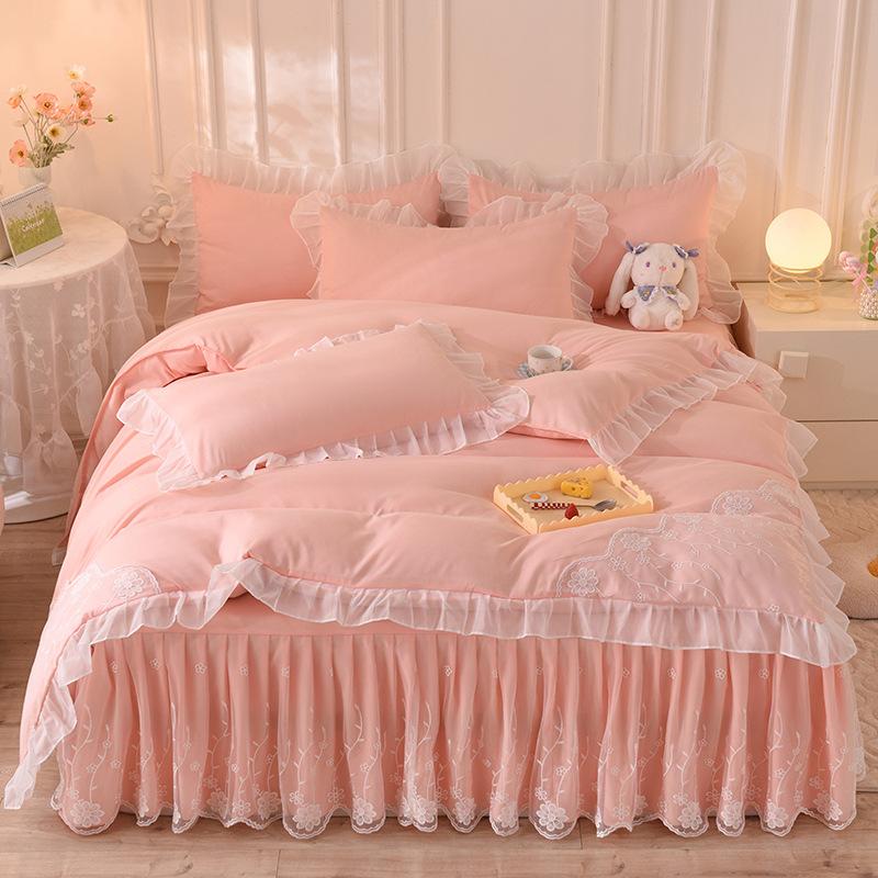 Princess Wind Washed Cotton Four-piece Chiffon Lace Quilt Cover Bed Skirt Bedding