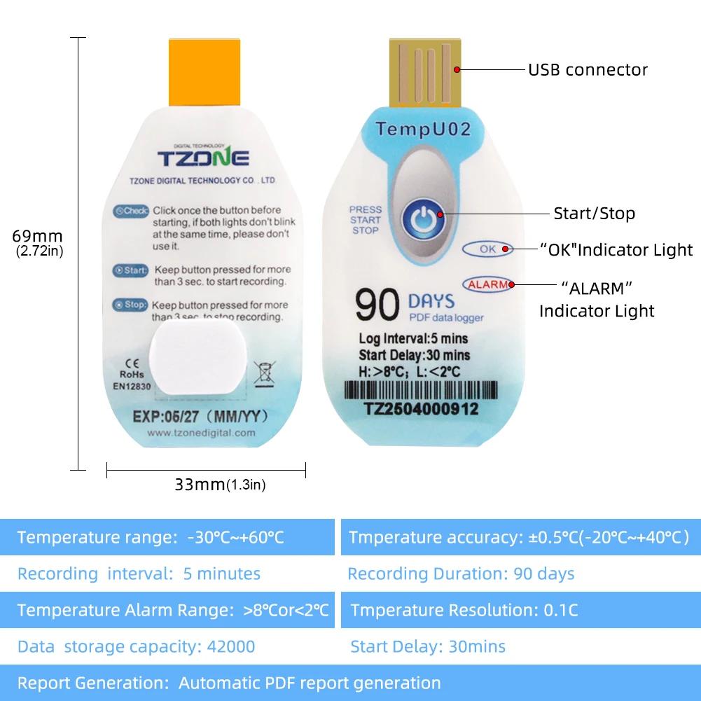 USB-регистратор температуры данных Одноразовый Запись температуры Емкость 18000 данных Логгер для морозильной камеры 60/90/120/180 дней Для хранения в холодовой цепи