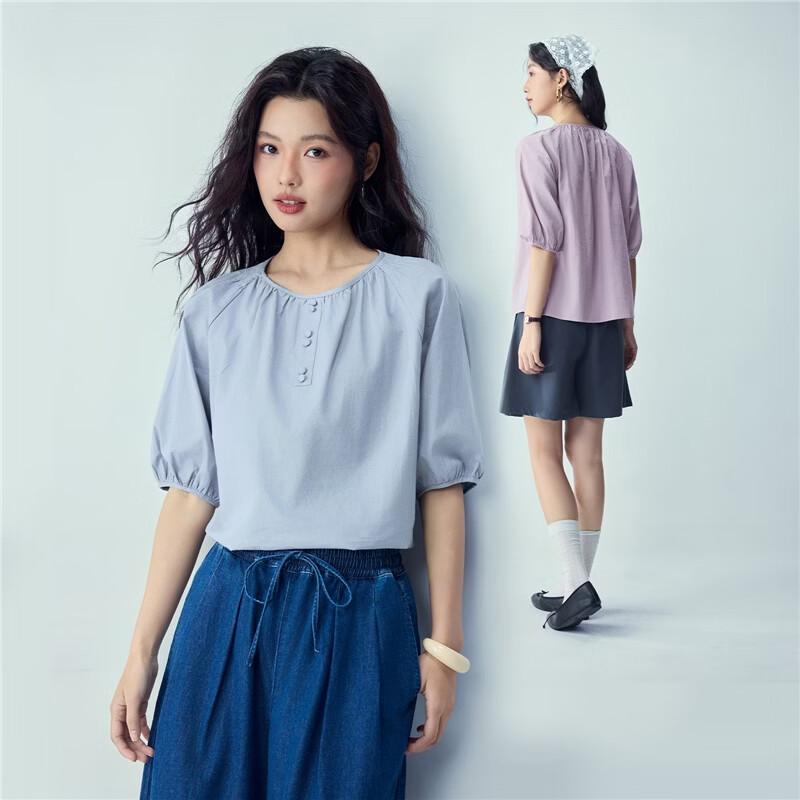 Giordano Women's Cotton-Linen Pleated Raglan Blouse