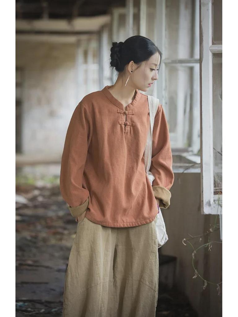 Женская рубашка из хлопка и льна в стиле ретро: Футболка весна/лето из бархата с пуговицами