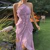 Womens Elegant Sweet Ruffle Halter Long Dress Slim Fit Party Wear