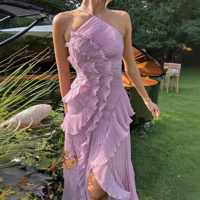Womens Elegant Sweet Ruffle Halter Long Dress Slim Fit Party Wear
