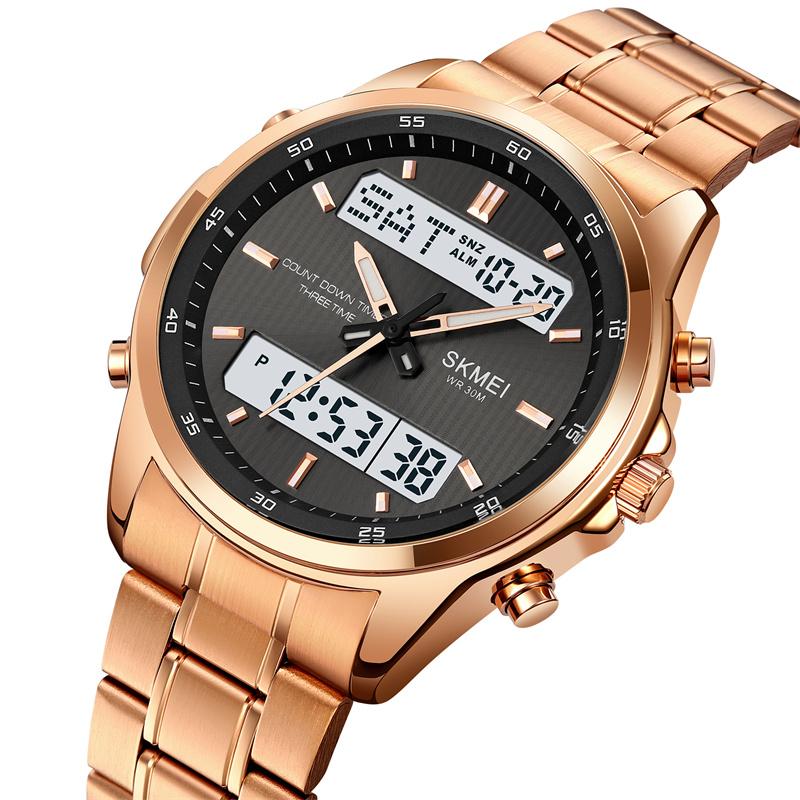 Skmei Mens Quartz Analog Bracelet Watches Luxury Stainless Steel Strap Led Waterproof Digital Sports Three Time Zone Alarm Clock