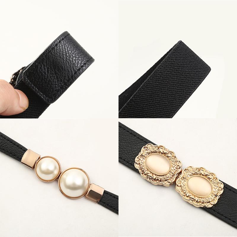 Women's Black Thin Elastic Belt - Pearl Decor Stretch Waistband for Dresses Skirts Fashion Accessory